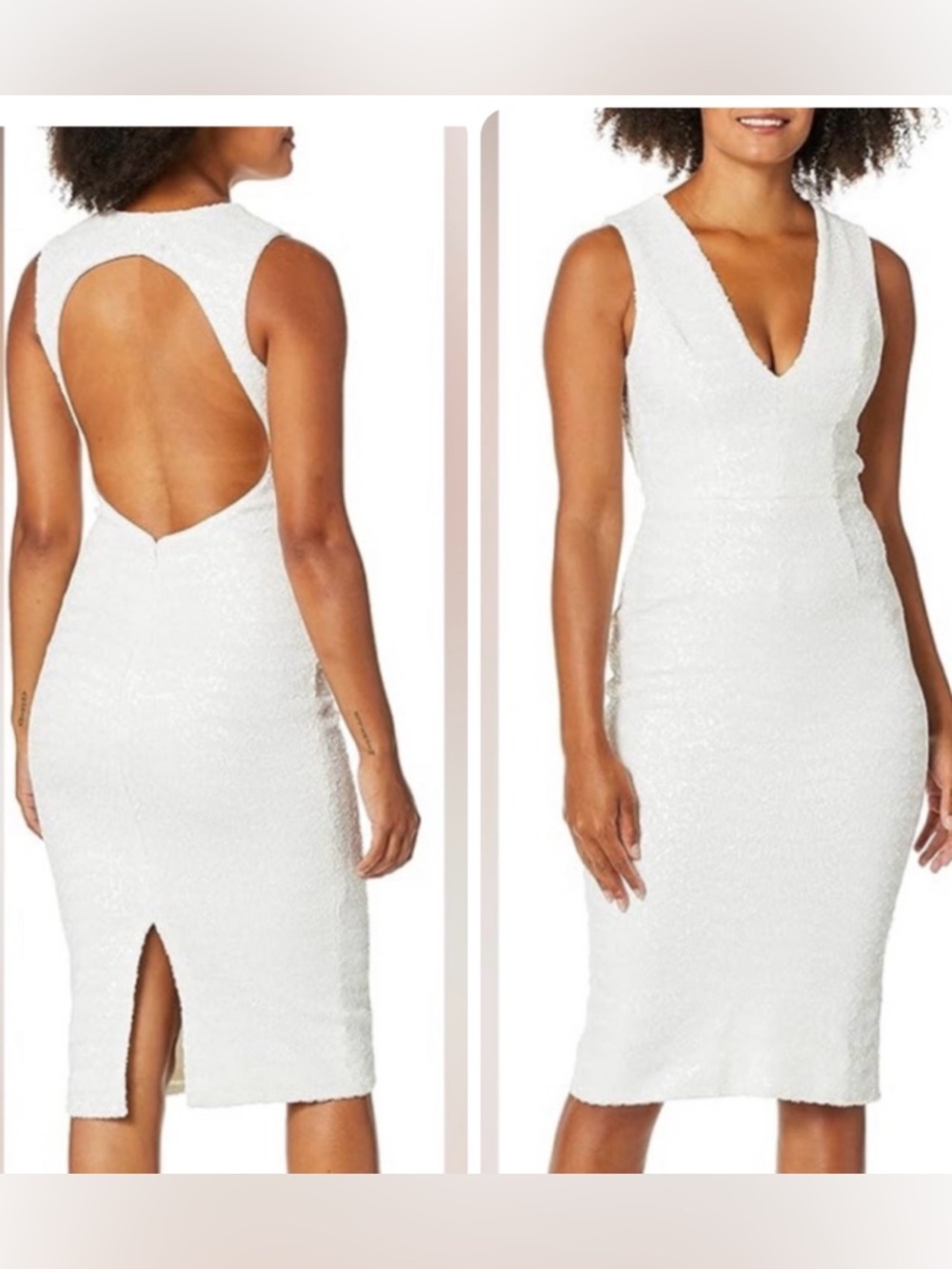 Dress The Population White Sequin Deep V-Neckline Cutout Back Midi dress small